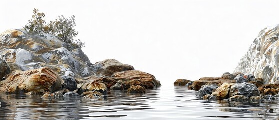 Realistic Image of a rocky shore seascape on a white background, Realistic. - obrazy, fototapety, plakaty