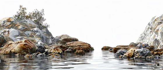 Foto op Canvas Realistic Image of a rocky shore seascape on a white background, Realistic. © HADAPI