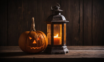 A single carved pumpkin are positioned next to a glowing lantern, creating a spooky and atmospheric scene, perfect for Halloween decorating. Wooden background.
