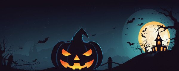 A pumpkin is depicted in the foreground, while a house and moon rise in the background. Dark background. Halloween theme.
