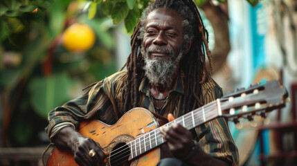 Reggae artist, man with dreadlocks playing guitar, beard plucking an instrument singer string instrument singing