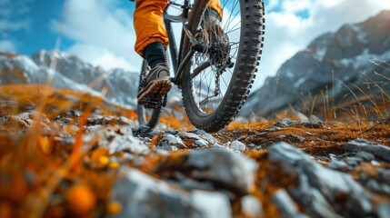Mountain unicycling, mountain biker on rocky trail in mountains, cycle athlete speed hiking exploration