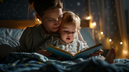 Mother reading bedtime story to her child, home interior small domestic life bedroom bonding