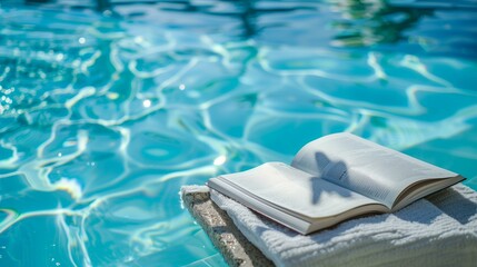 Magazine poolside reading, book on towel, page paper tourist resort reading travel