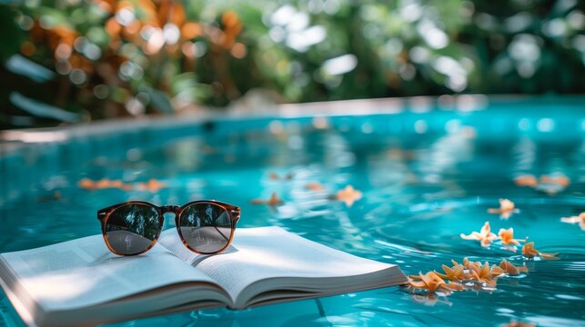 Magazine poolside reading, book and sunglasses in swimming pool, reading leisure activity tourist resort travel education