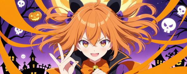 A young anime girl with bright orange hair wearing black cat ears. Halloween. A drawn illustration in orange and purple colours 