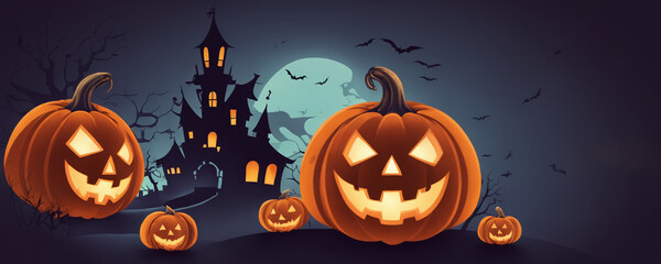 A group of pumpkins is depicted in the foreground and a castle rises in the background. The pumpkins of different sizes contrast with the silhouette of the castle. Halloween theme.