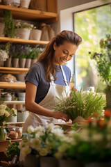 Florist in a flower shop preparing a bouquet of flowers
