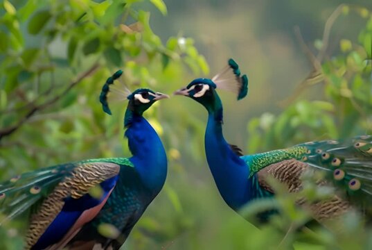 A pair of peacocks engage gracefully surrounded by lush greenery. Captivating wildlife scene. Generative AI