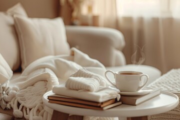 a coffee cup and books on a table