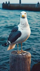 A photo of a full-bodied seagull perched on top of an old wooden post, against a blue ocean background.