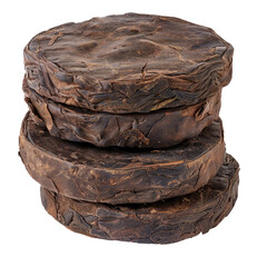 A stack of dry pressed puer tea sits elegantly against a transparent background