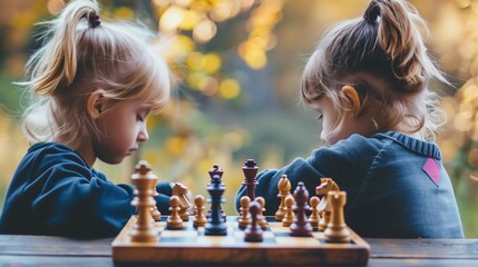 Two little girls are playing chess on a wooden chessboard outdoors in nature