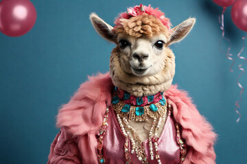 Obraz premium Alpaca with pink clothes on blue background, close-up