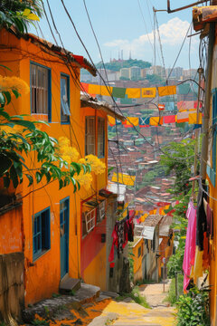 Illustration of a colorful favela in Rio de Janeiro, reflecting the vibrant community and culture of Brazil.