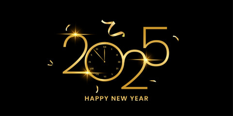 Happy new year 2025 with countdown clock to New Year 2025 celebration ideas for greeting card banners and post templates.