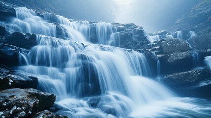A long-exposure photograph of a cascading waterfall, capturing the silky flow of water over rocks. The cool blue tones and misty atmosphere convey a sense of tranquility and natural beauty