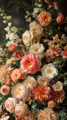 A lush and vibrant floral display, set against a deep, dark background to create a striking contrast. The arrangement is a cascade of various flowers in full bloom, including delicate pinks
