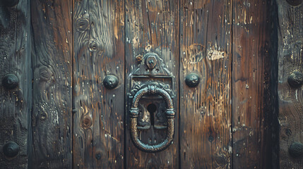 Old vintage wooden door with metal handle close up. --