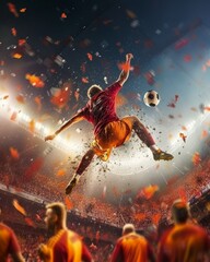 soccer player mid-air, executing a powerful bicycle kick with the stadium crowd in a frenzy. The image captures the athleticism and determination of the player against a backdrop of cheering fans. - obrazy, fototapety, plakaty