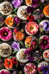 Elegant display of gourmet buns adorned with edible flowers and unique toppings, arranged in a visually stunning and symmetrical pattern. The image elevates the humble bun to a culinary work of art.