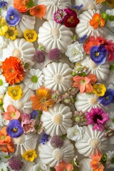 Elegant display of gourmet buns adorned with edible flowers and unique toppings, arranged in a visually stunning and symmetrical pattern. The image elevates the humble bun to a culinary work of art.
