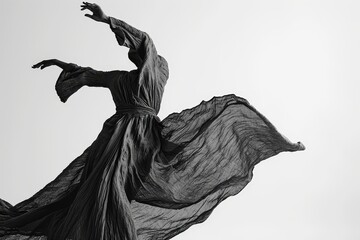 Black and white photograph showcasing the natural elegance of a linen-clad figure gracefully moving in a dance-like pose. Minimalist composition inspired by the simplicity