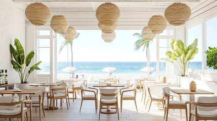 Fashionable beachside cafe with white and oak furnishings, where patrons enjoy panoramic views of the Riviera. The image exudes a chic, modern vibe with a touch of coastal sophistication.