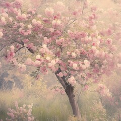 blossoming tree in a dreamy, pastel garden, with the soft hues of pink and white petals creating a serene and enchanting atmosphere. The image conveys the essence of a springtime fairytale. 
