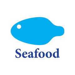 Logo restaurante de mariscos. Palabra Seafood con combinación de silueta de cuchara y cabeza de pescado