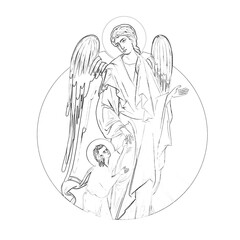 Guardian Angel. Religious coloring page in Byzantine style on white background