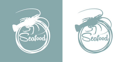Logo restaurante de mariscos. Palabra Seafood en texto manuscrito con marco circular con líneas con silueta de langosta - obrazy, fototapety, plakaty