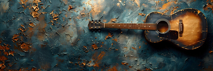  Brown acoustic guitar on wall,
Closeup of guitar
