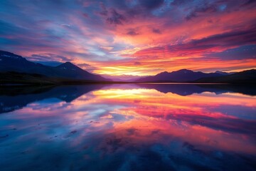 The lake reflects the colors of the sunset.