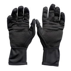 Black fabric gloves with a textured anti slip palm showcased against a transparent background