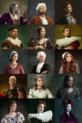 Middle ages history. Portrait of men and women, royal people in period attire against vintage green...