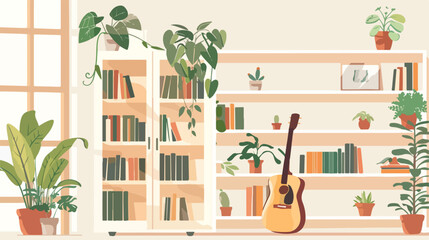 Shelving unit with books houseplants and guitar near