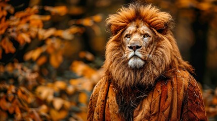 A lion with a fur coat is standing in the middle of a forest.