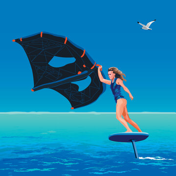 Young Brave Girl on Wing Foil surf in open ocean