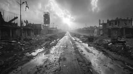 Empty streets littered with debris, a haunting reminder of the once-vibrant communities now abandoned in the wake of war. - obrazy, fototapety, plakaty