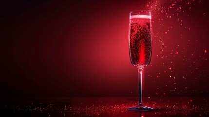 A tall glass of red sparkling wine with red glitter on a red background. - obrazy, fototapety, plakaty