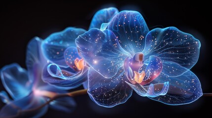 A glowing blue orchid flower with sparkles on a black background. - obrazy, fototapety, plakaty