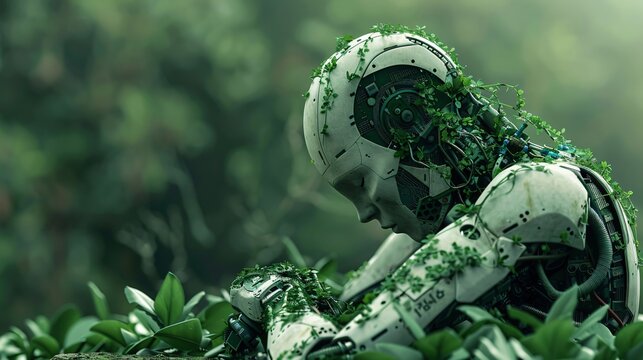 An overgrown robot sits in a lush green field.