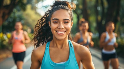 Beautiful woman smiling while jogging with her friends, enjoying the outdoors and staying fit as a group.