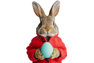 
A brown Easter bunny in a red jacket holds a blue egg. png object isolated on transparent background, mockup, design, template, layout, sticker