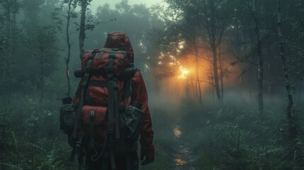 A solitary figure treks through the forest, backpack laden with essentials, finding freedom and independence in solo adventure.
