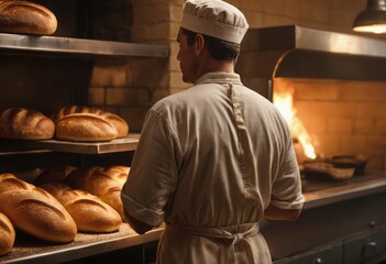 A baker inspects freshly baked bread in a bakery kitchen. The warm lighting emphasizes the quality and care in his work.