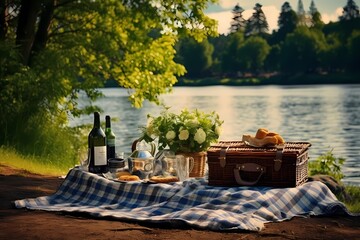 A serene riverside picnic spot with a checkered blanket, a basket of goodies, and laughter in the air.