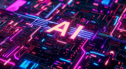 Obraz premium A Vibrant circuit board illuminated by glowing 'AI', Ideal for tech innovation concepts.