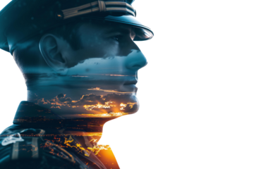 
double exposure of airliner pilot and sky. png object isolated on transparent background, mockup, design, template, layout, sticker